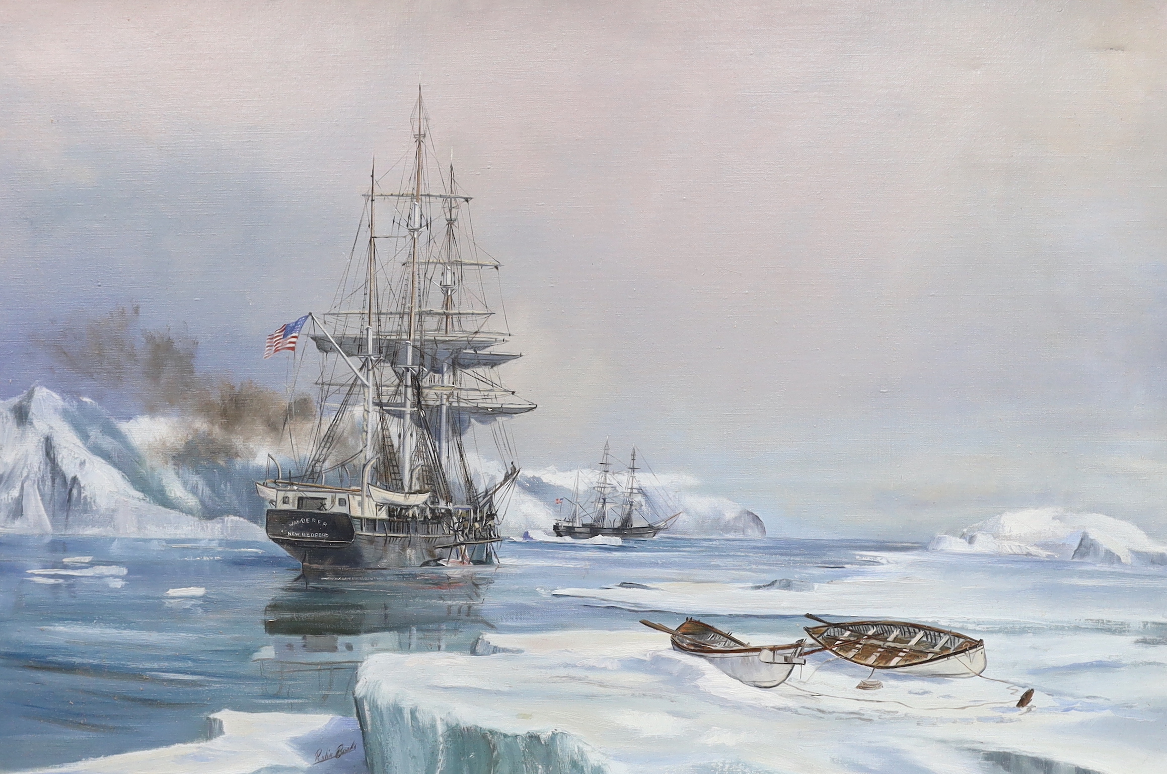 Robin Brooks (b.1943) oil on canvas, American sailing ships in icy waters, signed, 59 x 90cm